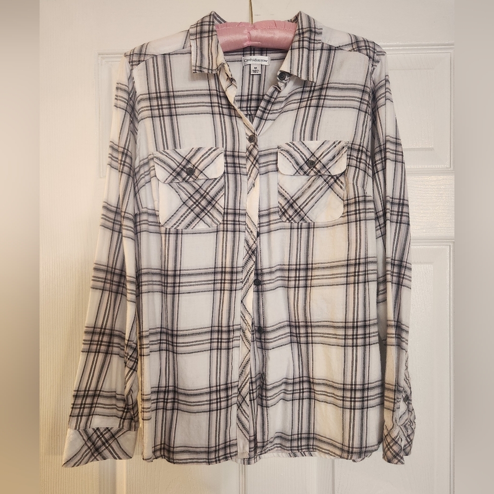 Croft & Barrow Button Down Plaid Cotton White/Gray/Pink Women's Medium